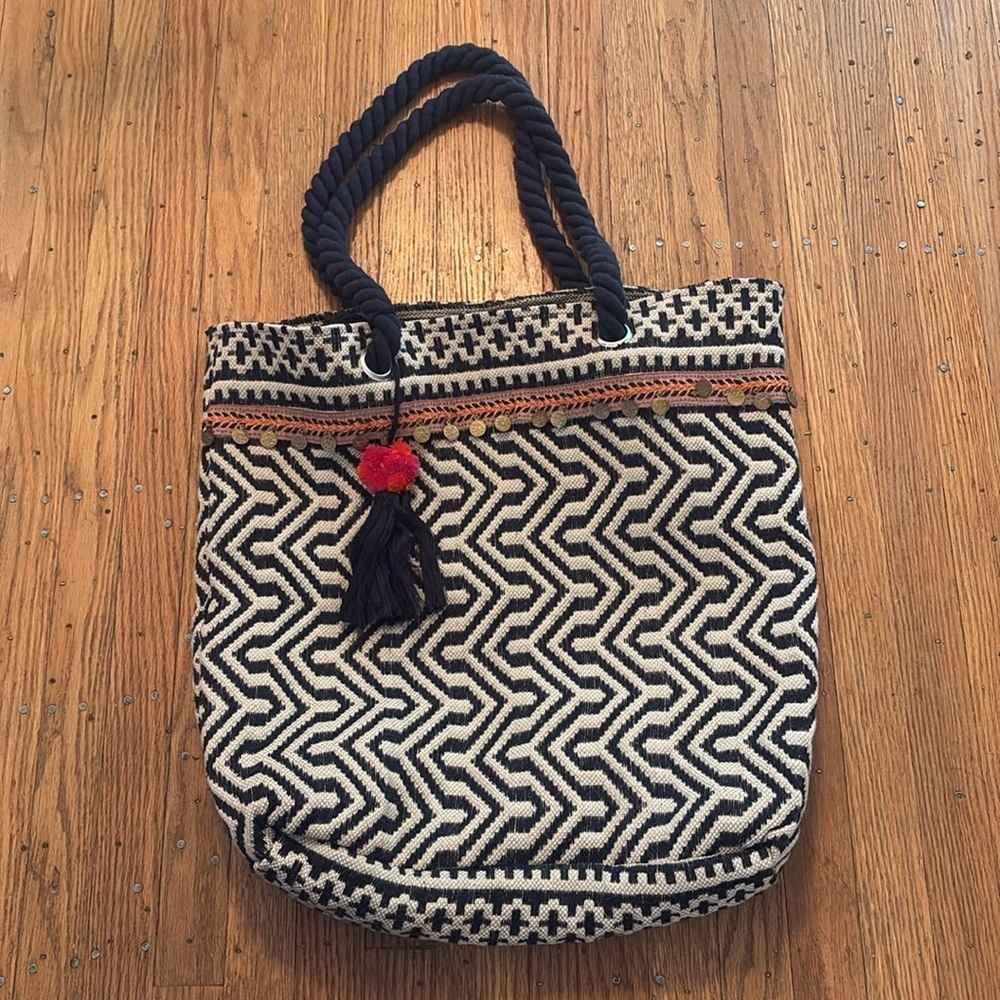 Large Tote Bag Snap Closure Rope Handles India Blue Cream Orange